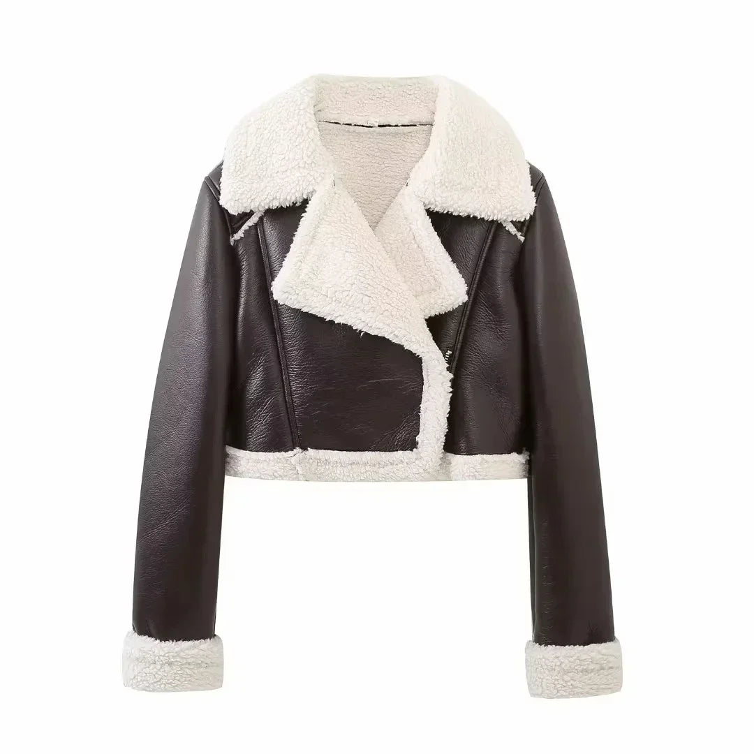 Women's Cropped Leather Jacket with Fur Trim