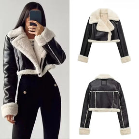 Women's Cropped Leather Jacket with Fur Trim