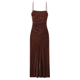 Elegant Brown Velvet Long Dress - Vanessa