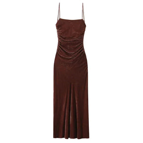 Elegant Brown Velvet Long Dress - Vanessa