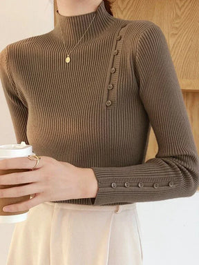 Knitted Turtleneck Sweater with Buttons for Women