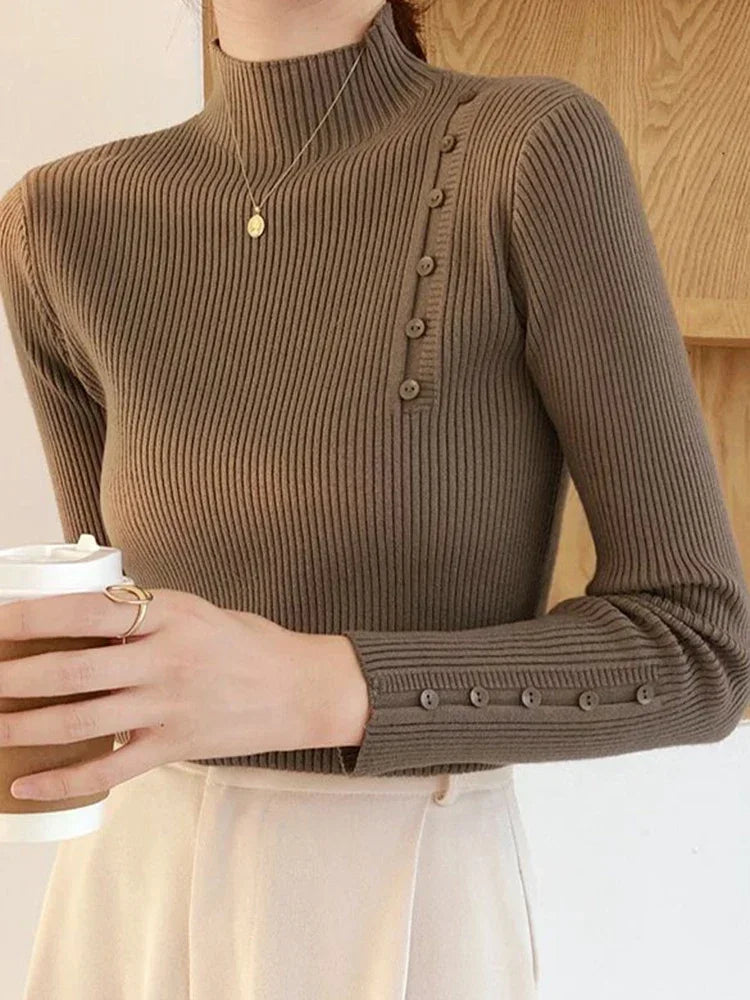 Women Knitted Sweater Long Sleeve Button Turtleneck Slim Pullovers for Autumn Winter Female Sweaters Soft Warm Bottoming Tops