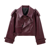 TRAF 2024 Autumn Faux PU Leather Women Motorcycle Jackets With Belt Lapel Loose Coat Female Crop Top Y2K Jacket