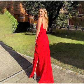 Long Red Chiffon Dress with Ruffles