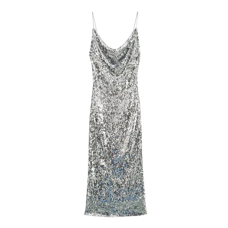 Midi Sequin Dress Silver Elegant - Isadora