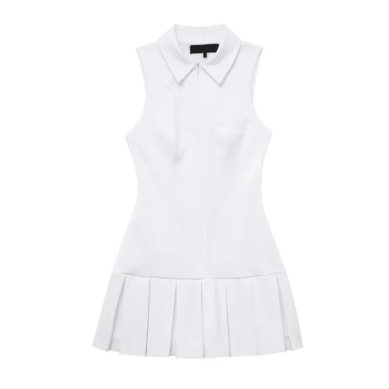 Short White Pleated Sleeveless Dress