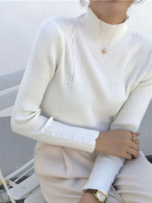 Women Knitted Sweater Long Sleeve Button Turtleneck Slim Pullovers for Autumn Winter Female Sweaters Soft Warm Bottoming Tops