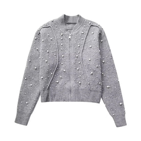 TRAF 2023 Autumn Women Knitted Loose Bomber Jacket Long Sleeve Faux Pearls Sweater Cardigan Female Crop Top Y2K