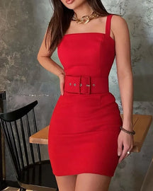 Mini Red Dress with Square Neckline and Fitted Waist