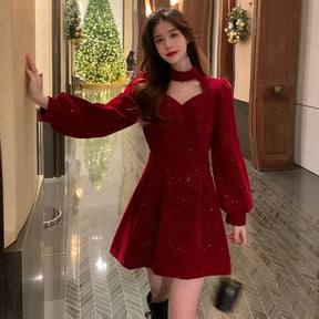 Red Velvet Dress with V-Neck and Sequins