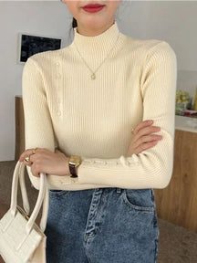 Women Knitted Sweater Long Sleeve Button Turtleneck Slim Pullovers for Autumn Winter Female Sweaters Soft Warm Bottoming Tops