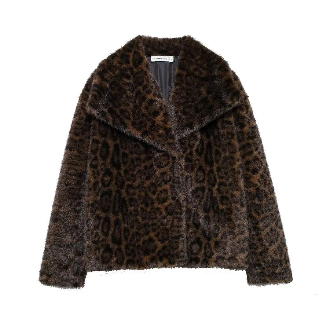 TRAF 2024 Winter Leopard Print Jacket Women Faux Fur Coat Loose Plush Fluffy New Outerwear Long Sleeve Thick Warm Coats