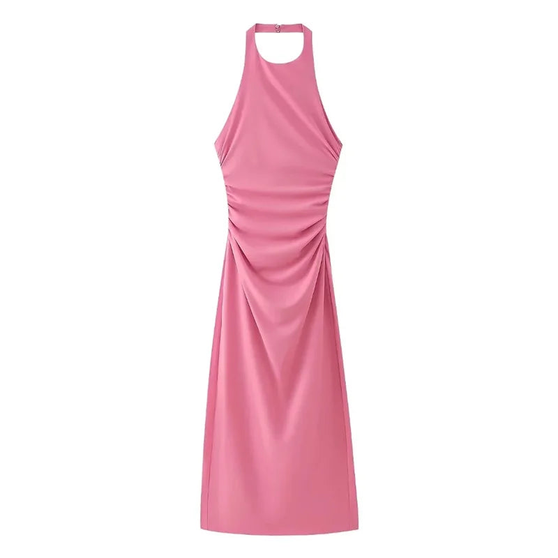 Pink Backless Bodycon Midi Dress