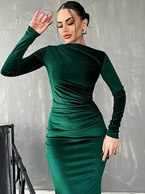 Elegant Velvet Midi Dress with Long Sleeves