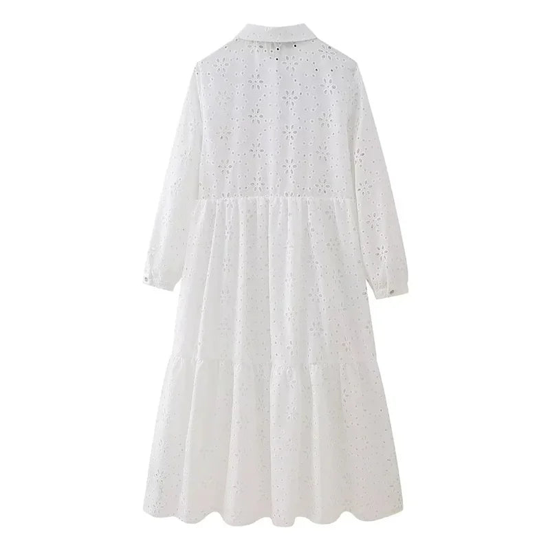 White Embroidered Pleated Midi Dress