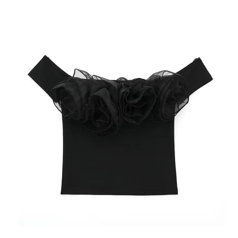 Off-Shoulder Cropped Top with Black Organza Flowers