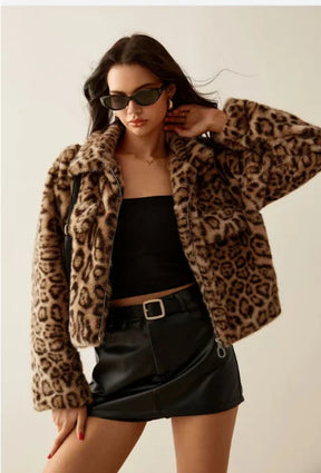 Faux Fur Furry Jacket For Women Long Sleeve Leopard Print Casual Coat Zipper Warm Female Outerwear 2024 Autumn Lady Streetwear