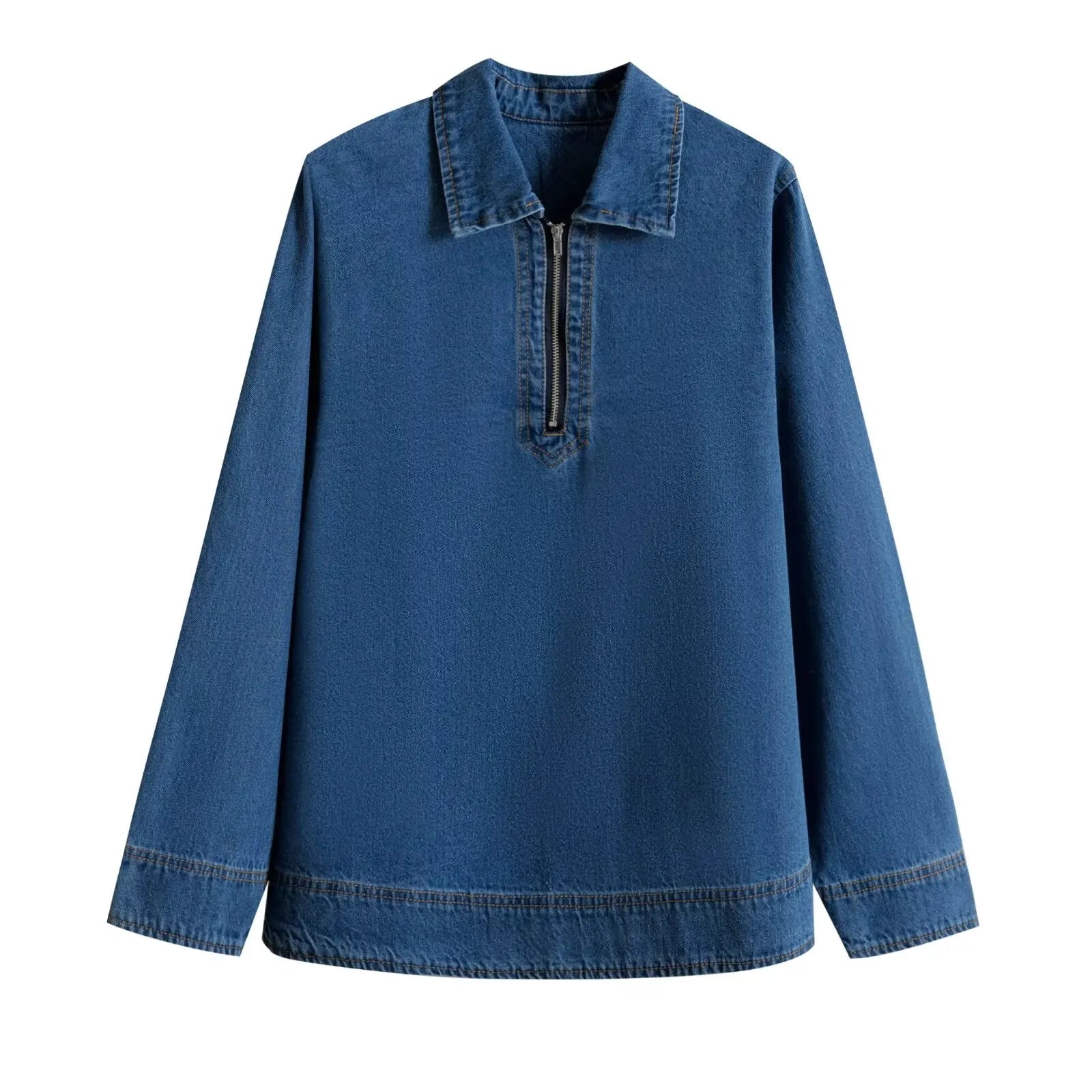 TRAF 2505 Fashion Women Denim Pullover Shirt Retro Long Sleeve Chic Zipper Lapel Versatile Top Mujer