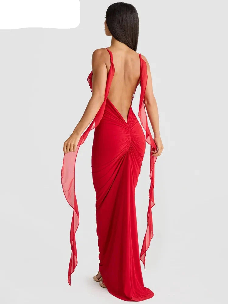 Long Sexy Dress with V-neck Red Marrie