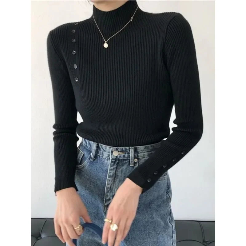 Knitted Turtleneck Sweater with Buttons for Women