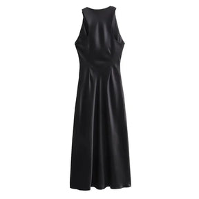 Black Satin Pleated Midi Dress