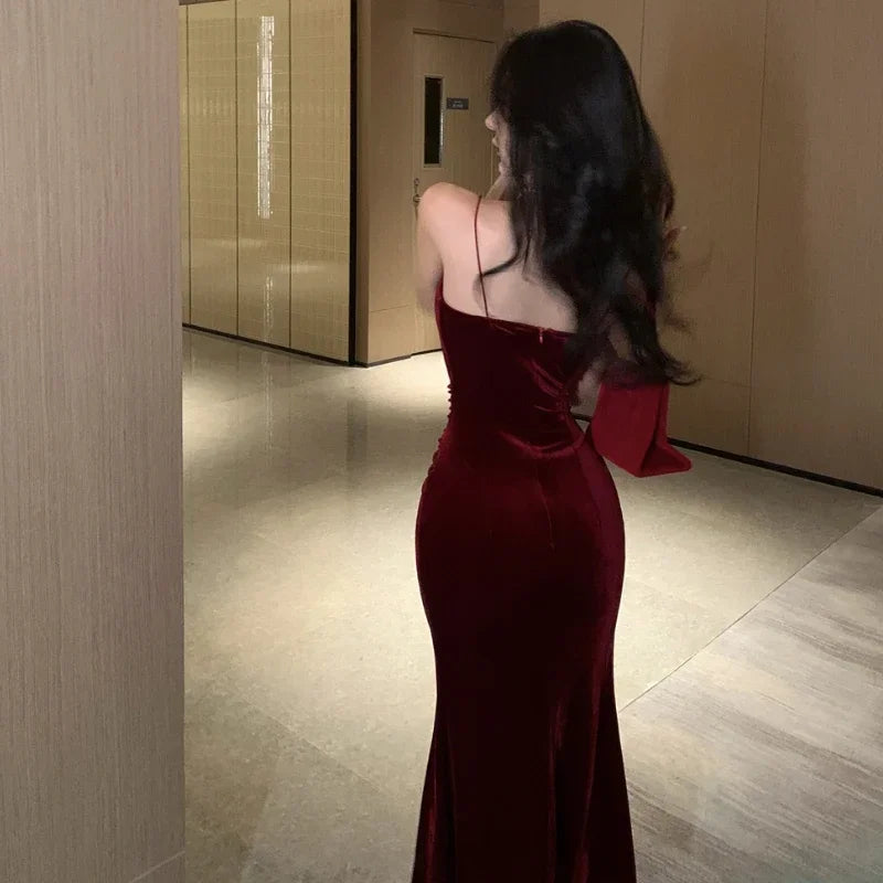 Midi Velvet Red Dress with Side Slit and Spaghetti Straps