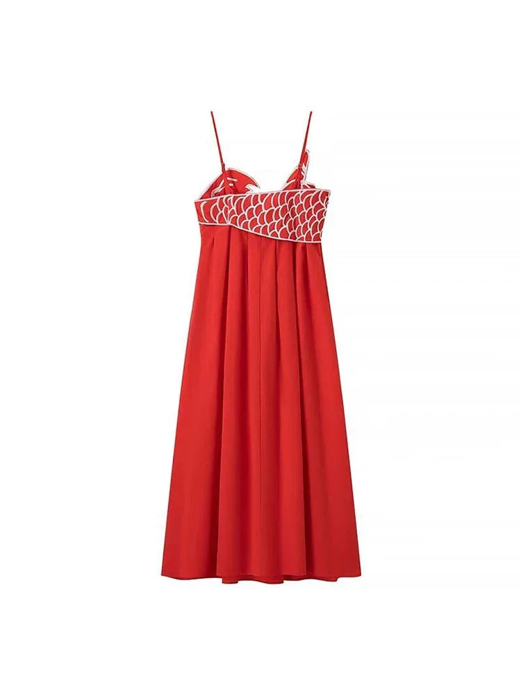 Elegant Red Dress with Koi Embroidery