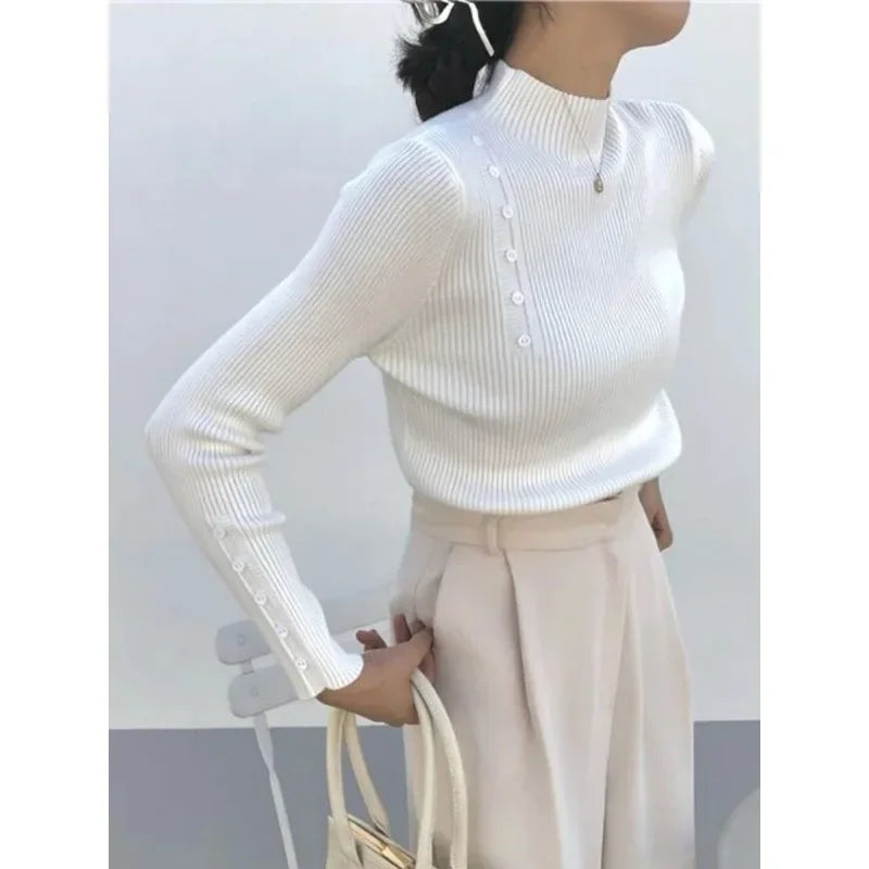 Knitted Turtleneck Sweater with Buttons for Women