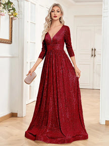 Formal Red Dress with Sequins and V-neck