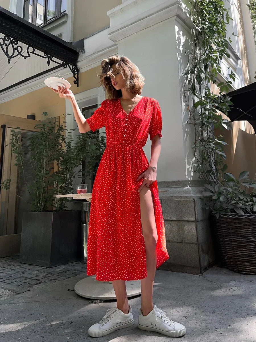 Red Polka Dot Elegant Long Dress