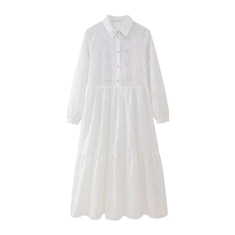 White Embroidered Pleated Midi Dress