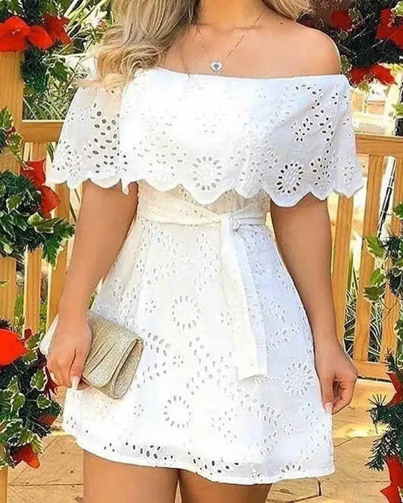 Off-Shoulder White Lace Dress - Elegance