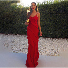 Long Red Chiffon Dress with Ruffles