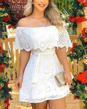 Off-Shoulder White Lace Dress - Elegance