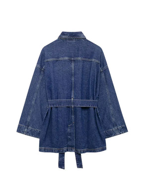 Vintage Denim Jacket Women Loose Sash Tie Up Mid Length