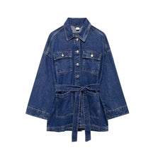 TRAF 2024 Autumn Vintage Denim Jacket Women Loose Sash Tie Up Mid Length Denim Coat Y2k High Street Casual Chic Tops