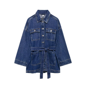 TRAF 2024 Autumn Vintage Denim Jacket Women Loose Sash Tie Up Mid Length Denim Coat Y2k High Street Casual Chic Tops