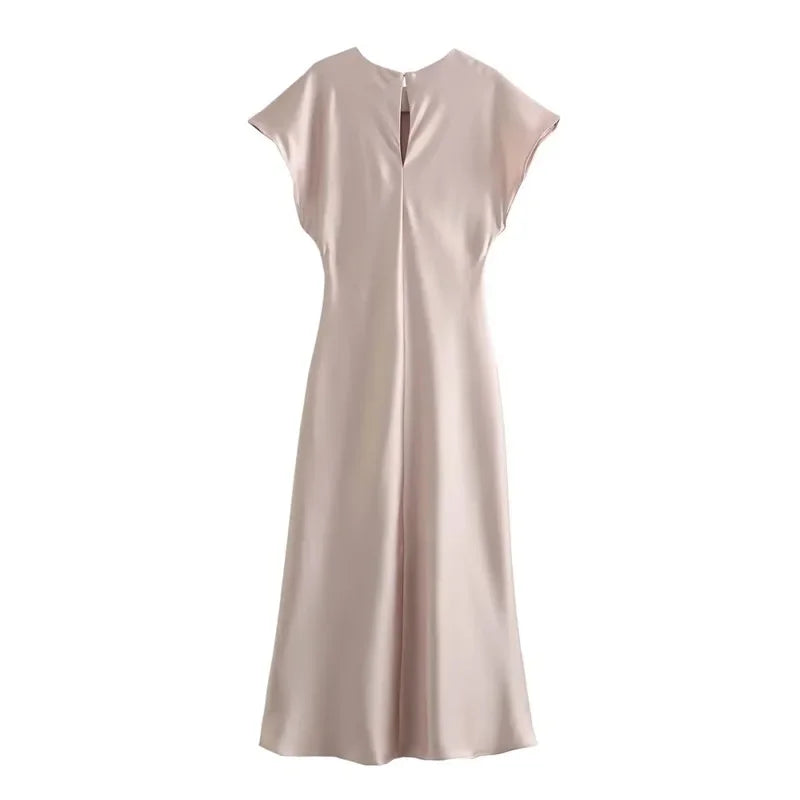 Midi Satin Dress with Short Sleeves