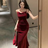 Midi Velvet Red Dress with Side Slit and Spaghetti Straps