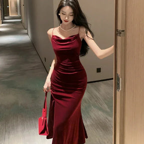 Midi Velvet Red Dress with Side Slit and Spaghetti Straps