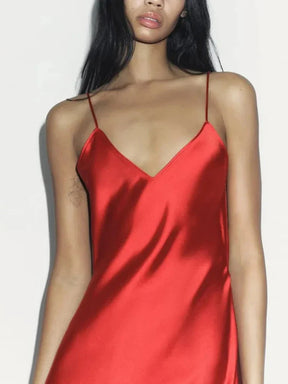 Red Satin Long Dress with V-Strap