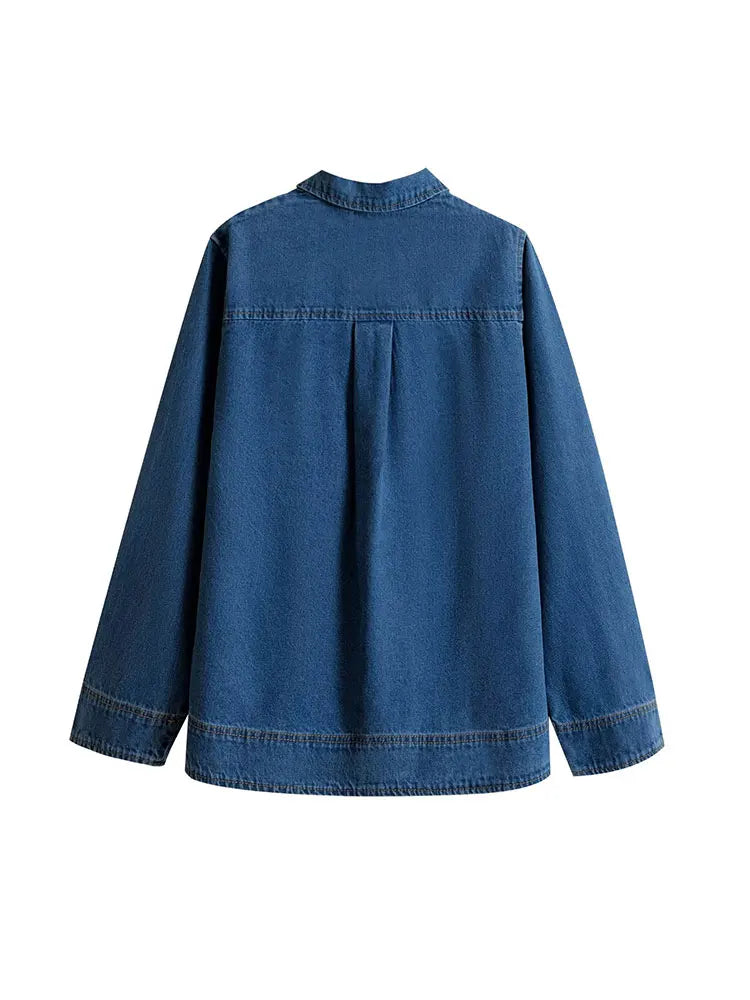 Chic Women's Denim Pullover with Zipper Lapel