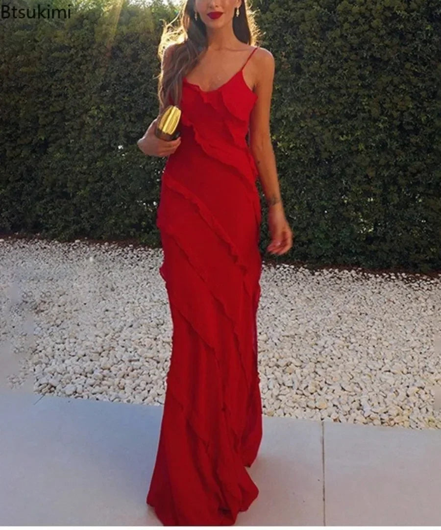 Maxi Chiffon Red Dress with Ruffles