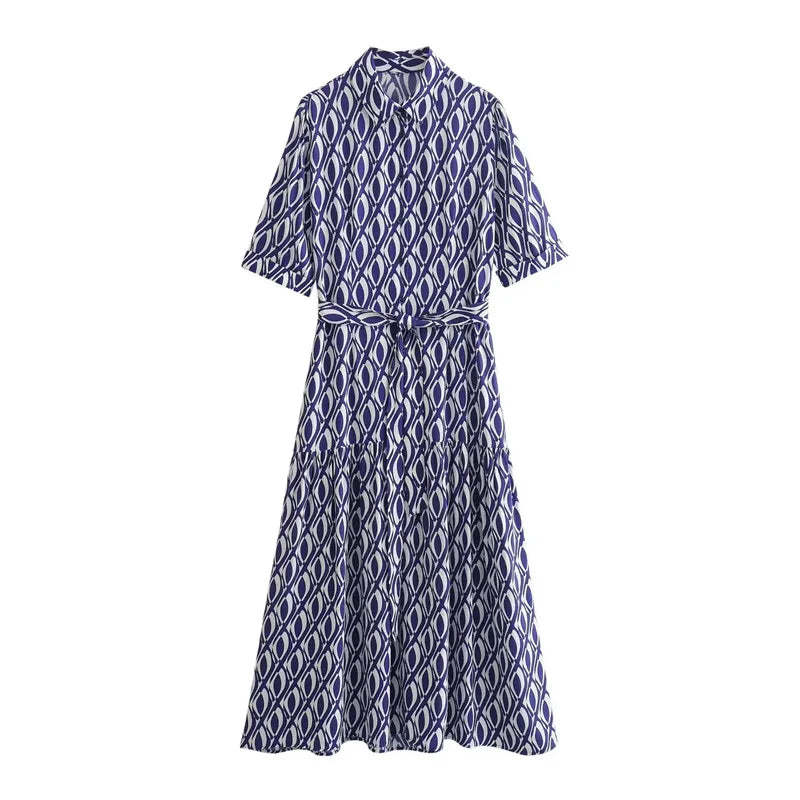 TRAF-Vestido midi de manga curta feminino com estampa azul com cinto, camisa casual de verão, elegante vestido de botão, vestidos longos, 2024