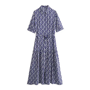 TRAF-Vestido midi de manga curta feminino com estampa azul com cinto, camisa casual de verão, elegante vestido de botão, vestidos longos, 2024