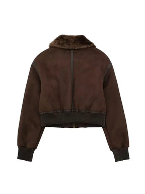 Oboustranná oříznutá bunda pro ženy na zip Faux Shearling 