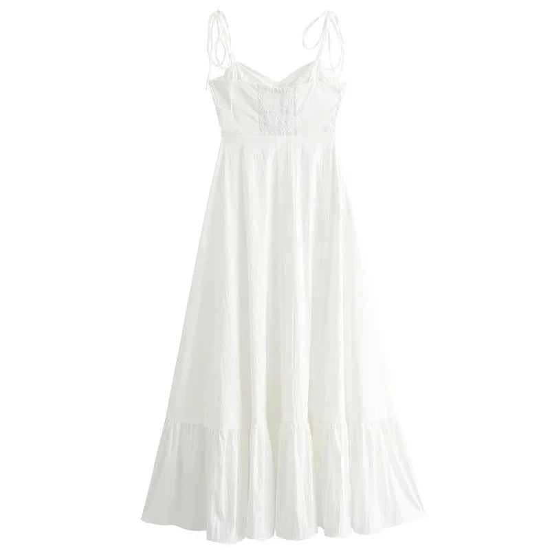 Women's Ruffled White Dress - Backless Luxury