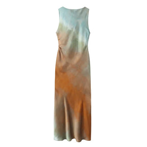 Printed Satin Sleeveless Midi Dress for Parties