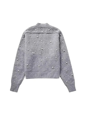 Knitted Bomber Jacket with Faux Pearls