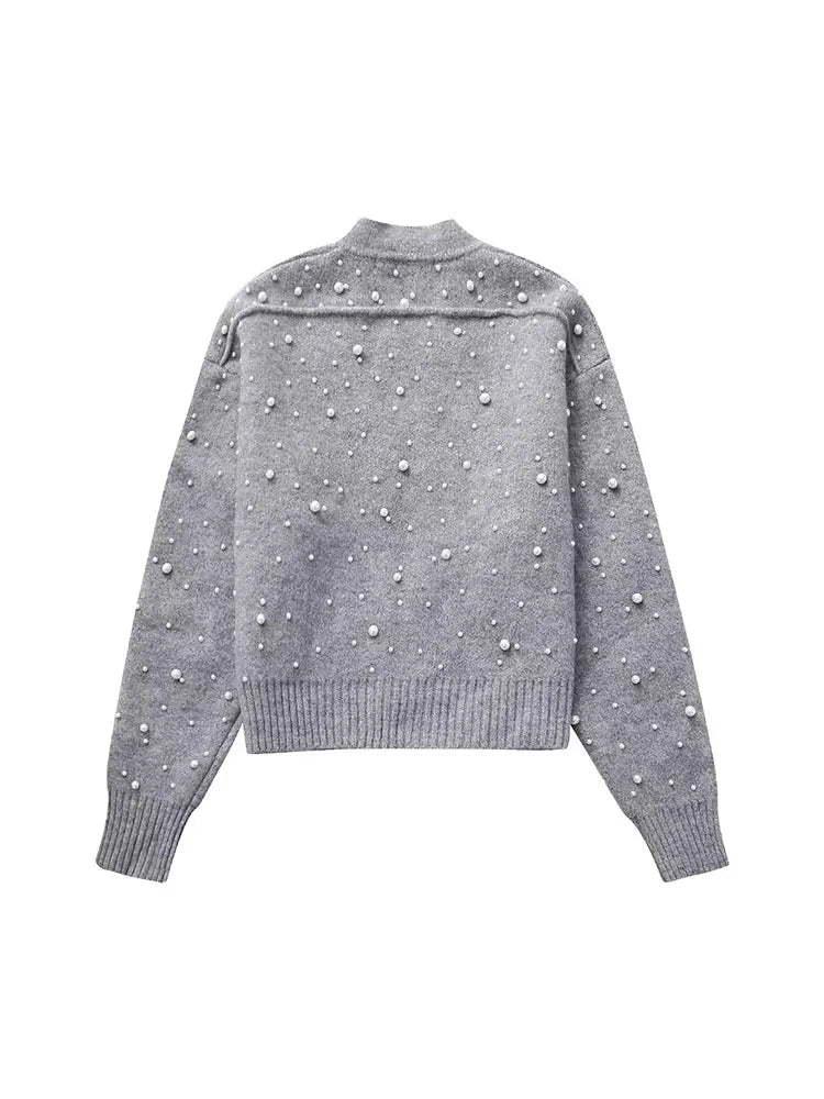 Knitted Bomber Jacket with Faux Pearls